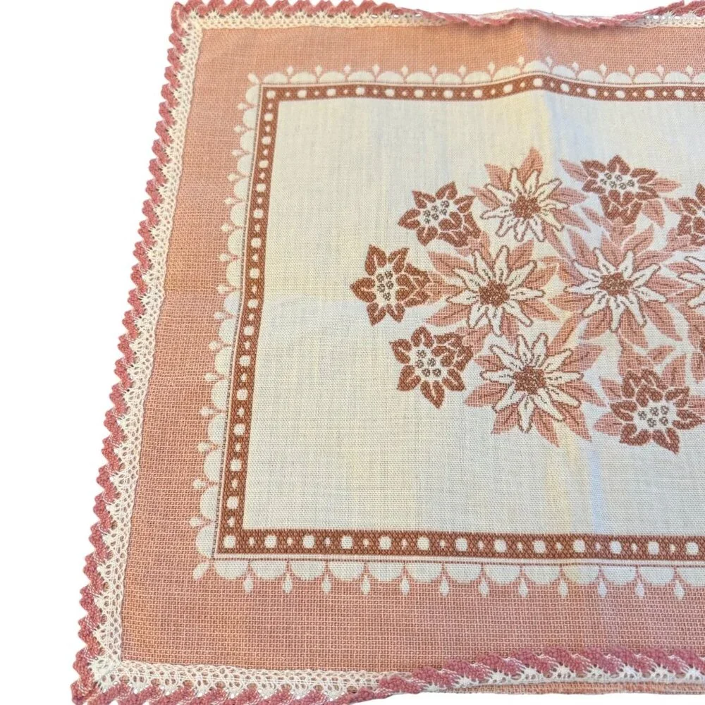 VTG Floral Lace Table Runner Pink & White Floral Designs Scalloped Edges Lace Tr